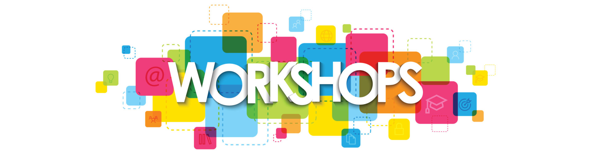 WORKSHOPS vector typography banner on colorful squares